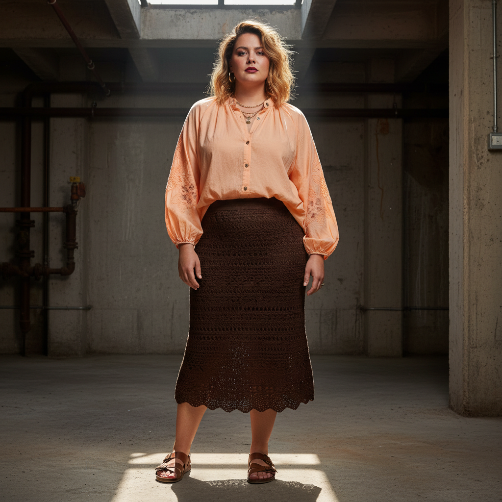 Blusa Mimosa modelo exterior falda crochet chocolate