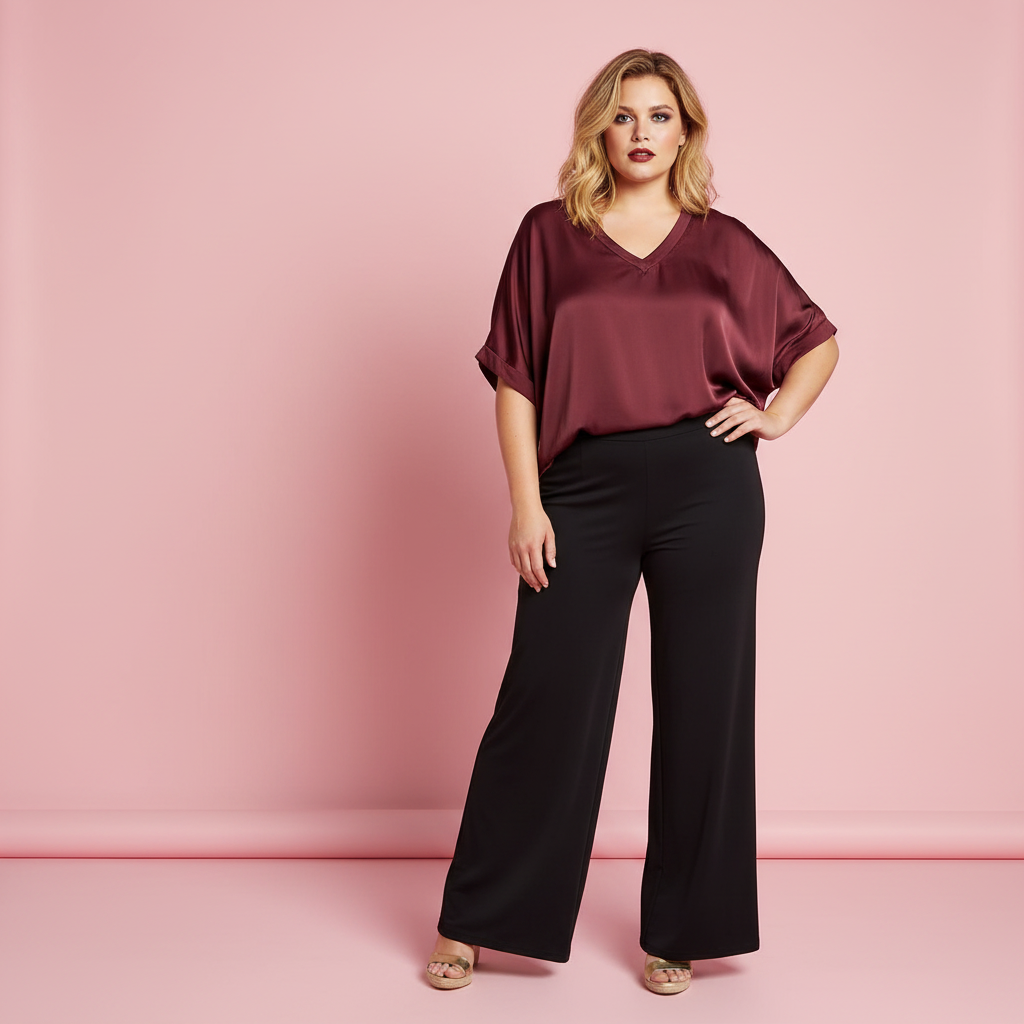 Blusa satinada modelo Paqui estudio palazzo cuñas doradas