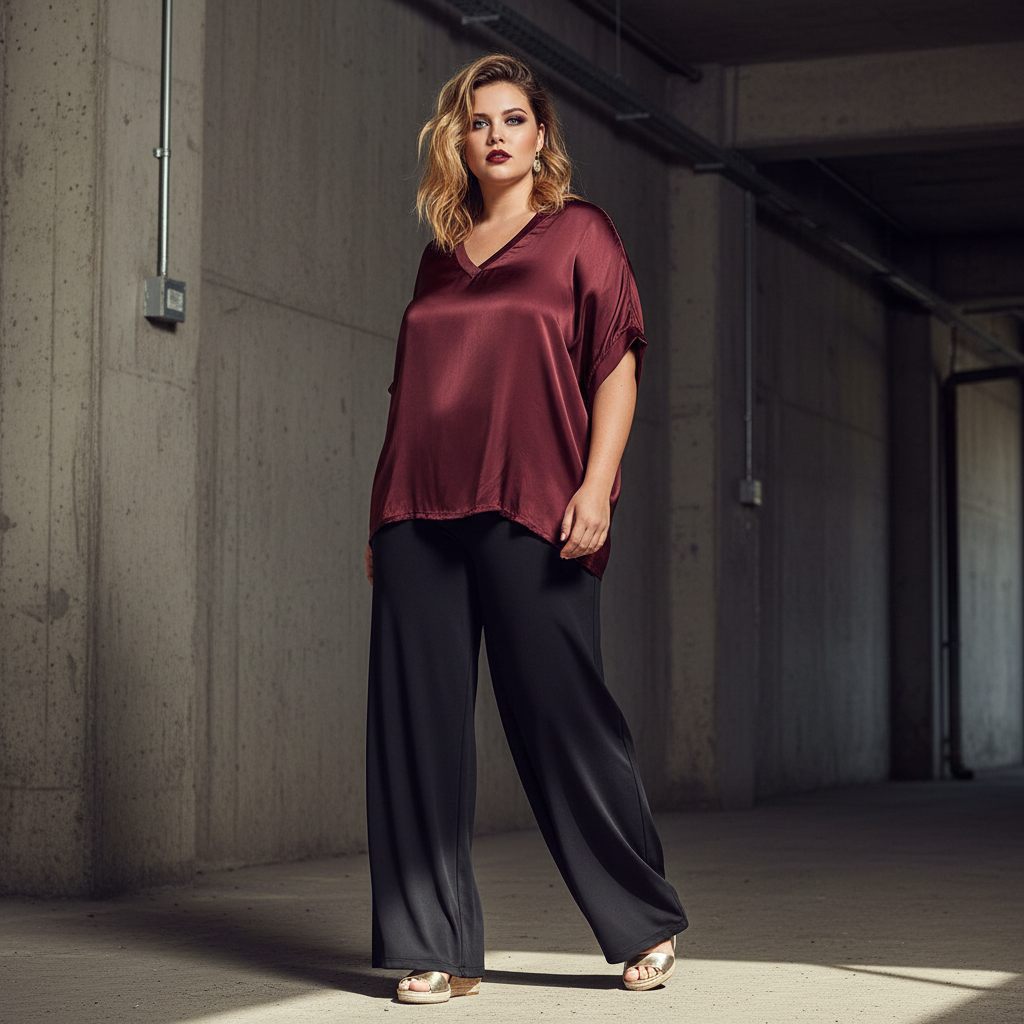 Blusa satinada modelo Paqui exterior palazzo cuñas doradas