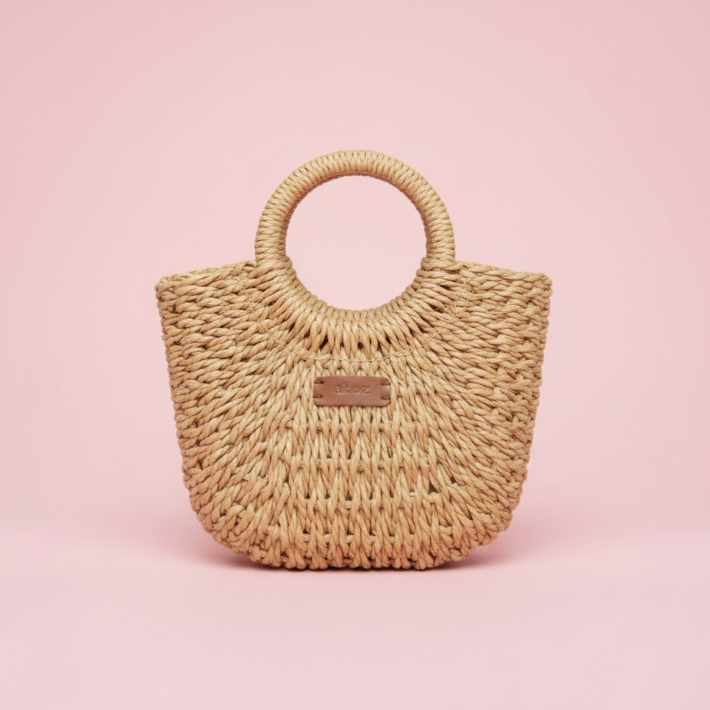 Bolso mimbre natural fondo rosa