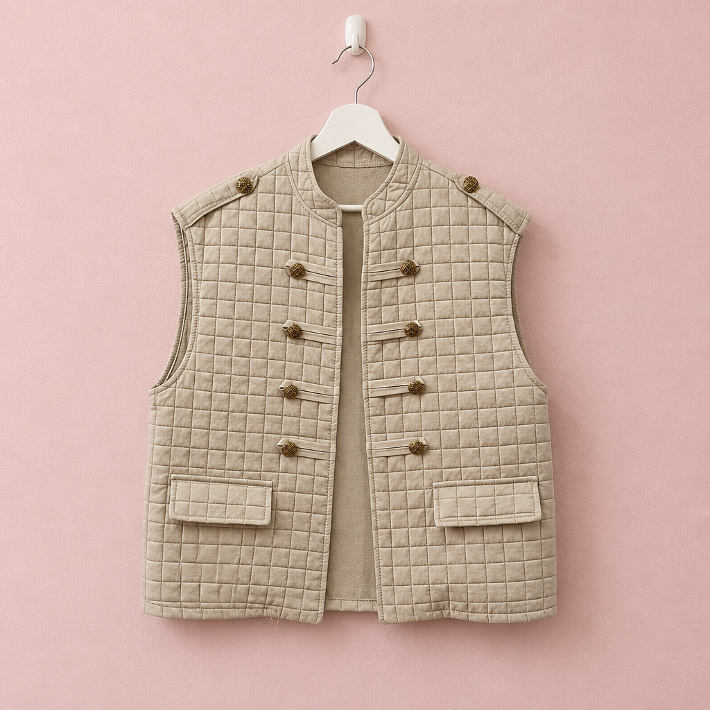 Chaleco acolchado beige colgado en una percha blanca sobre fondo rosa