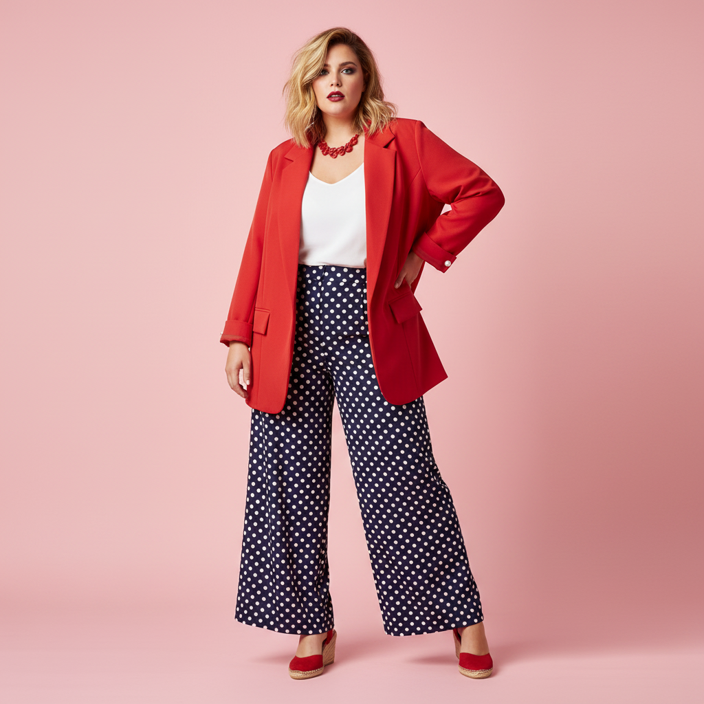 Chaqueta roja Paqui pantalón palazzo lunares