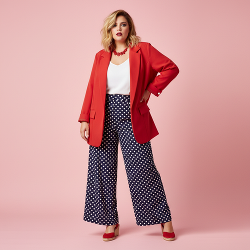 Chaqueta roja Paqui pantalón palazzo lunares