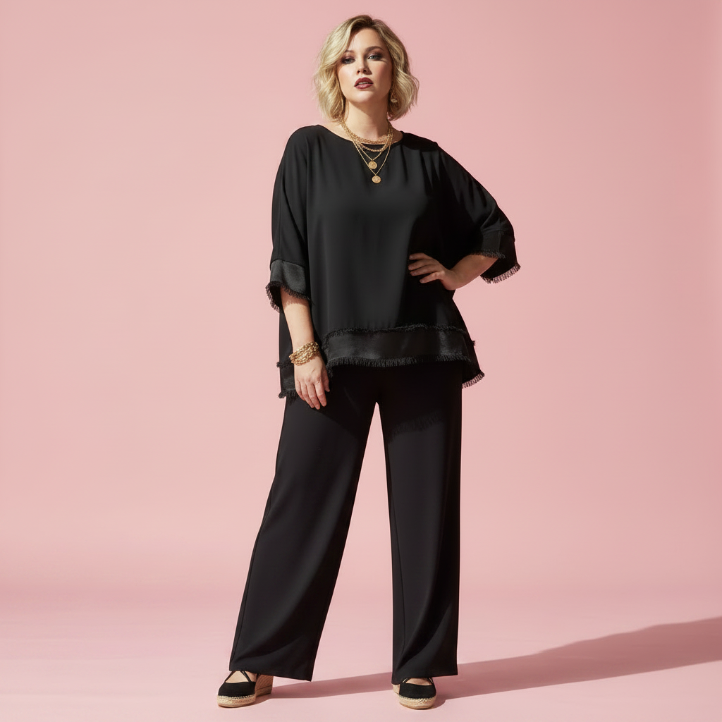 Conjunto negro flecos - modelo cuñas esparto