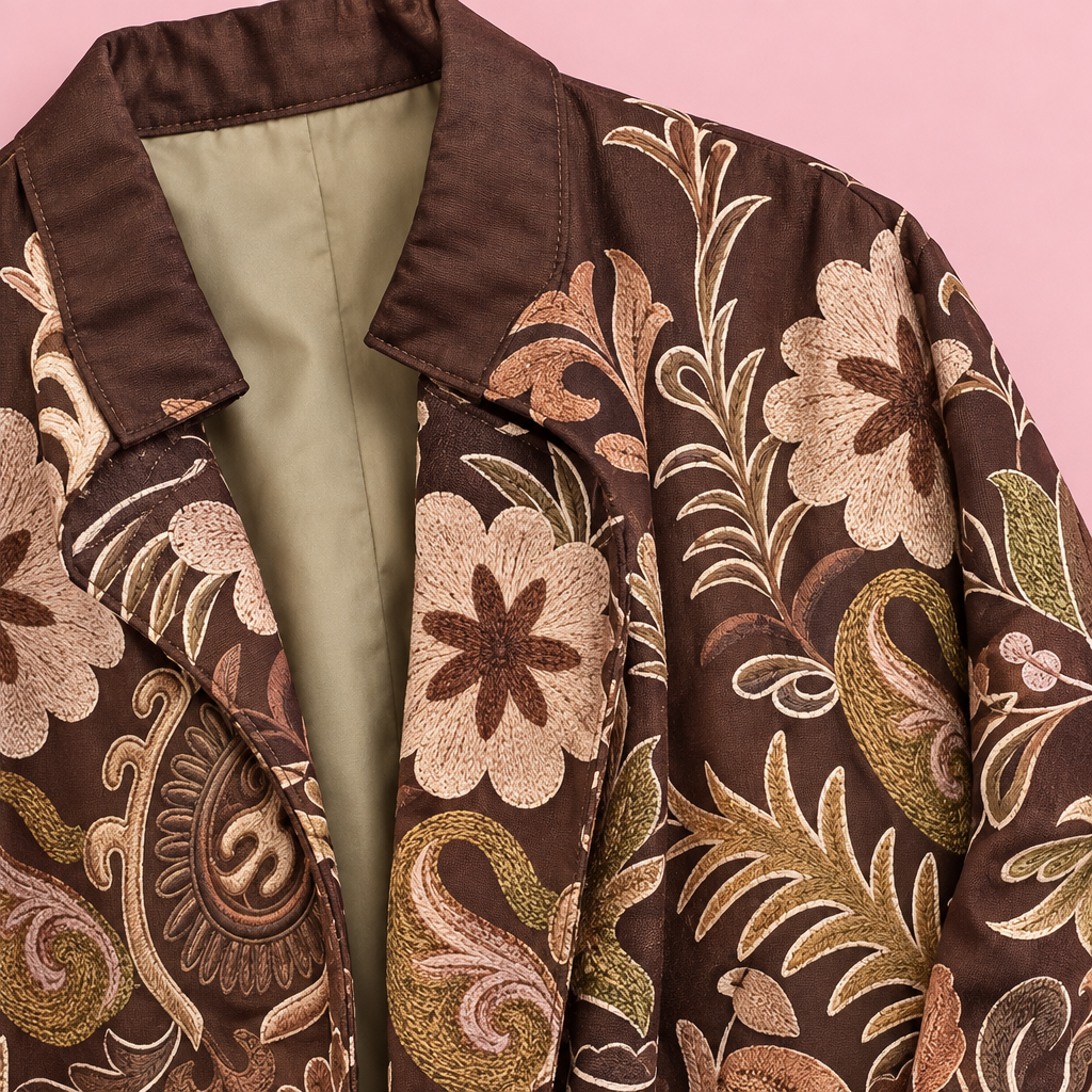 Detalle del estampado floral y tejido de la Chaqueta Dalia en tonos marrones