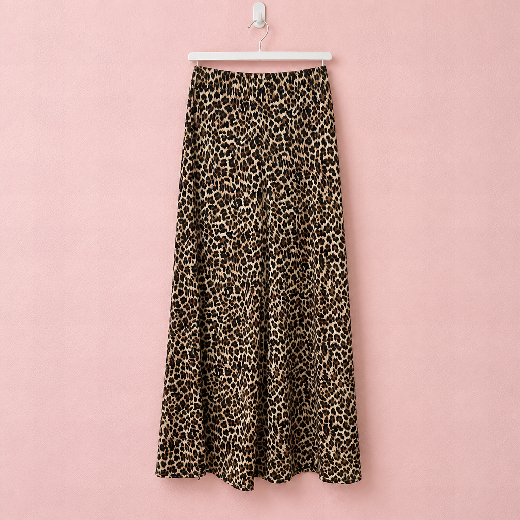 Falda de leopardo en percha blanca sobre fondo rosa