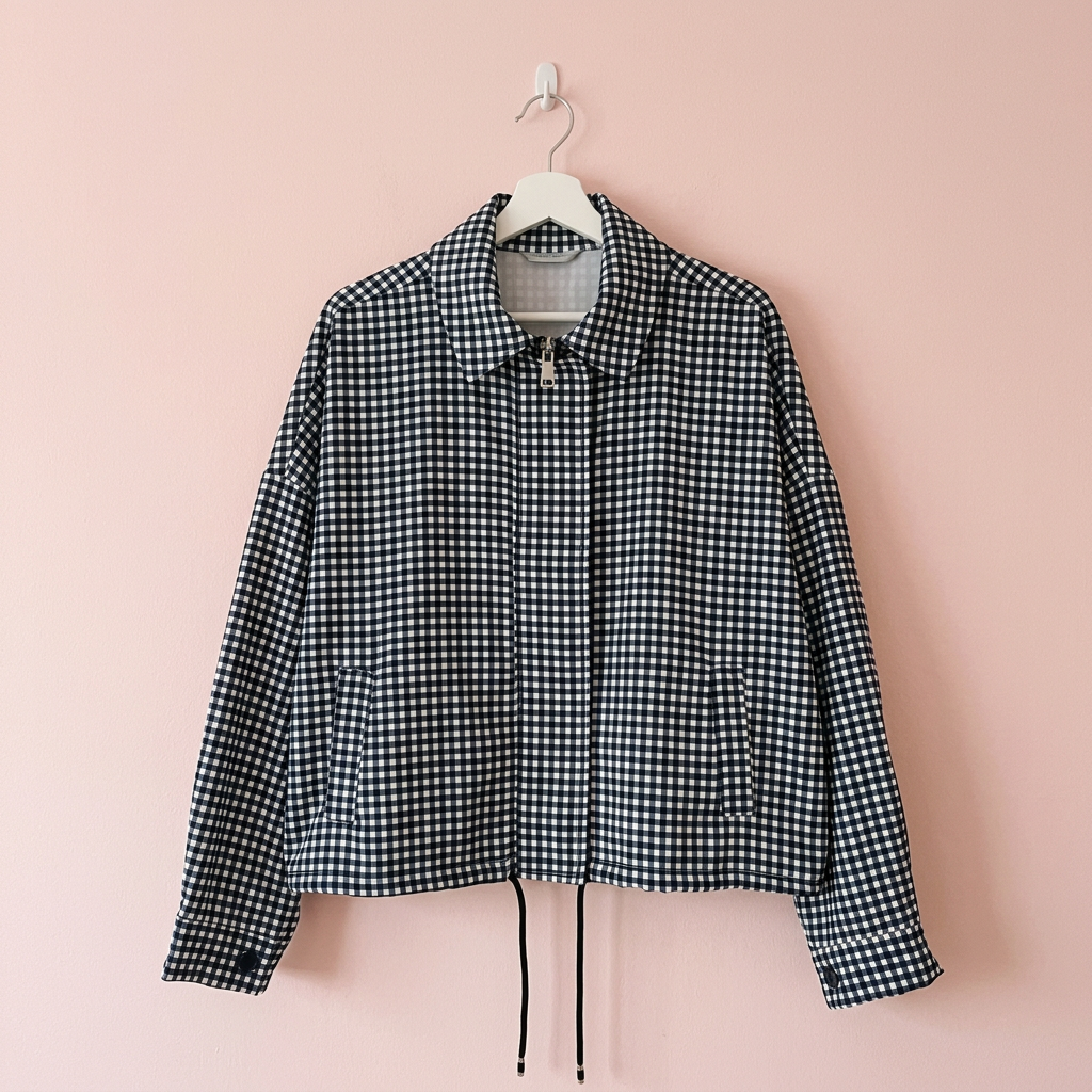 Foto de producto de la chaqueta de cuadros en percha blanca sobre fondo rosa pastel