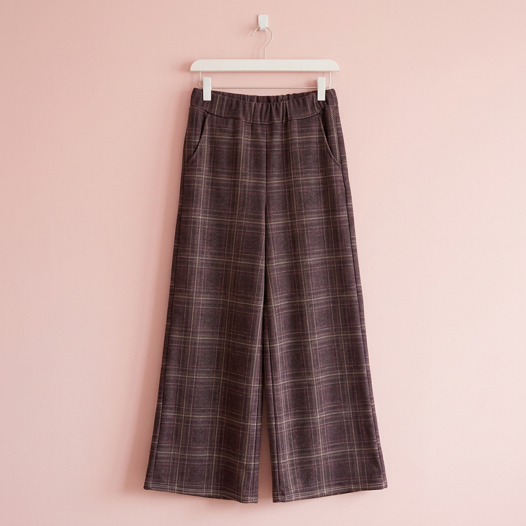 Foto de producto del pantalón de cuadros en percha blanca y fondo rosa pastel