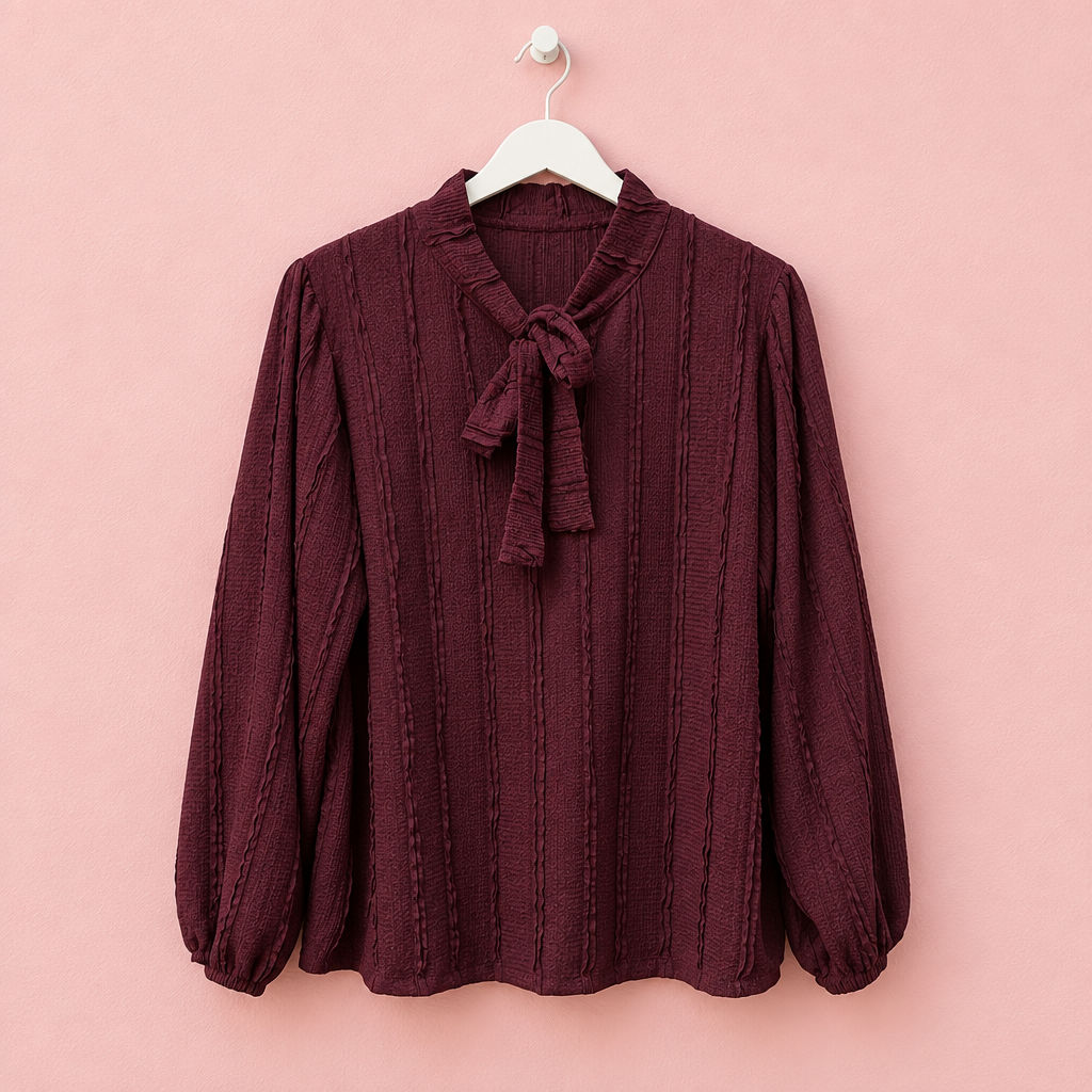 Blusa Sofía burdeos en percha sobre fondo rosa pastel