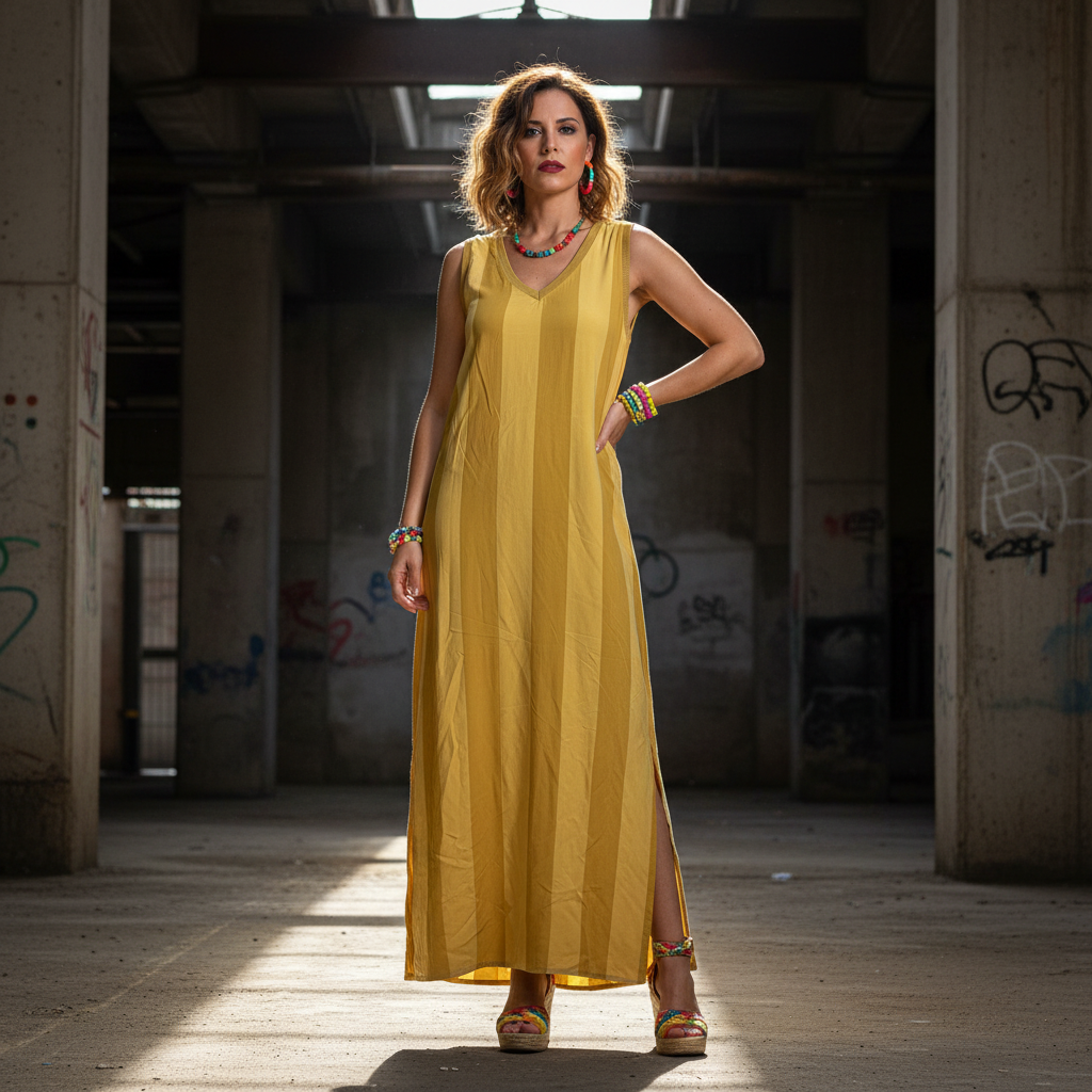 Modelo Ana vestido Azafrán exterior urbana