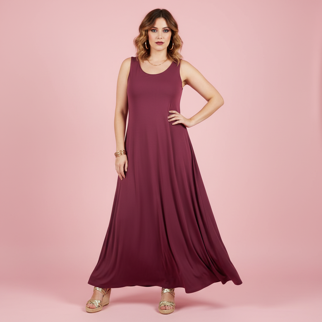Modelo Ana vestido burdeos fondo rosa