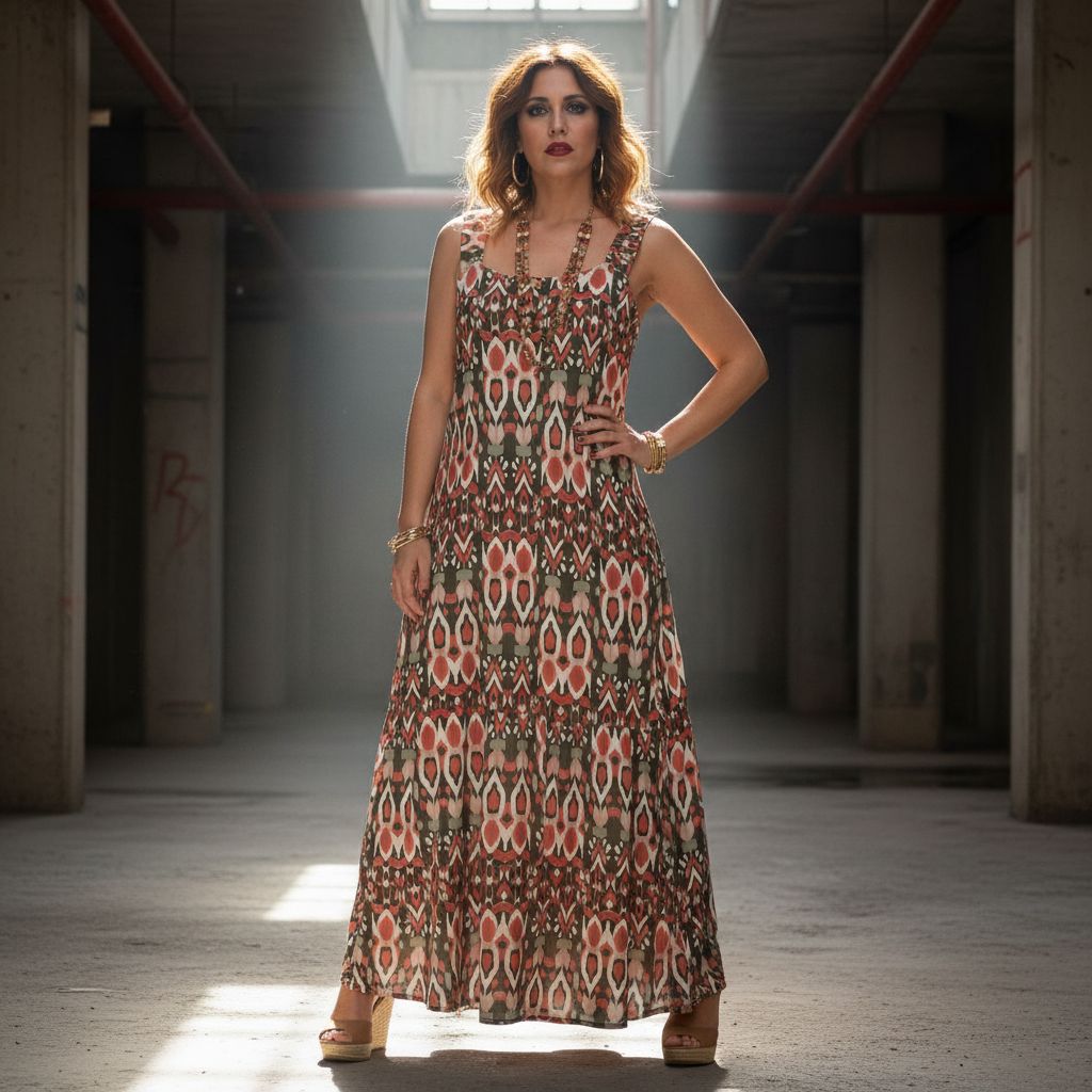 Modelo Ana vestido Ikat exterior urbana tirantes anchos