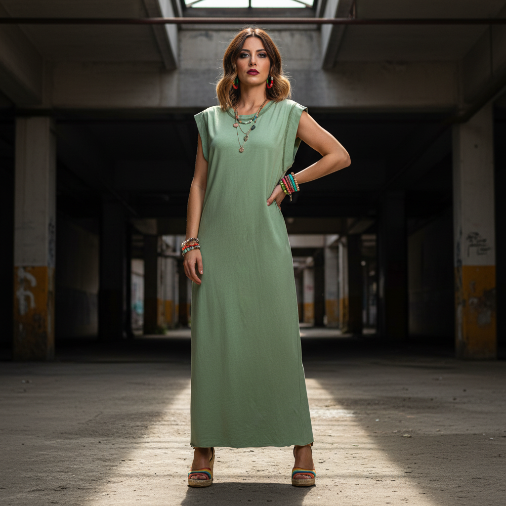 Modelo Ana vestido verde exterior urbana