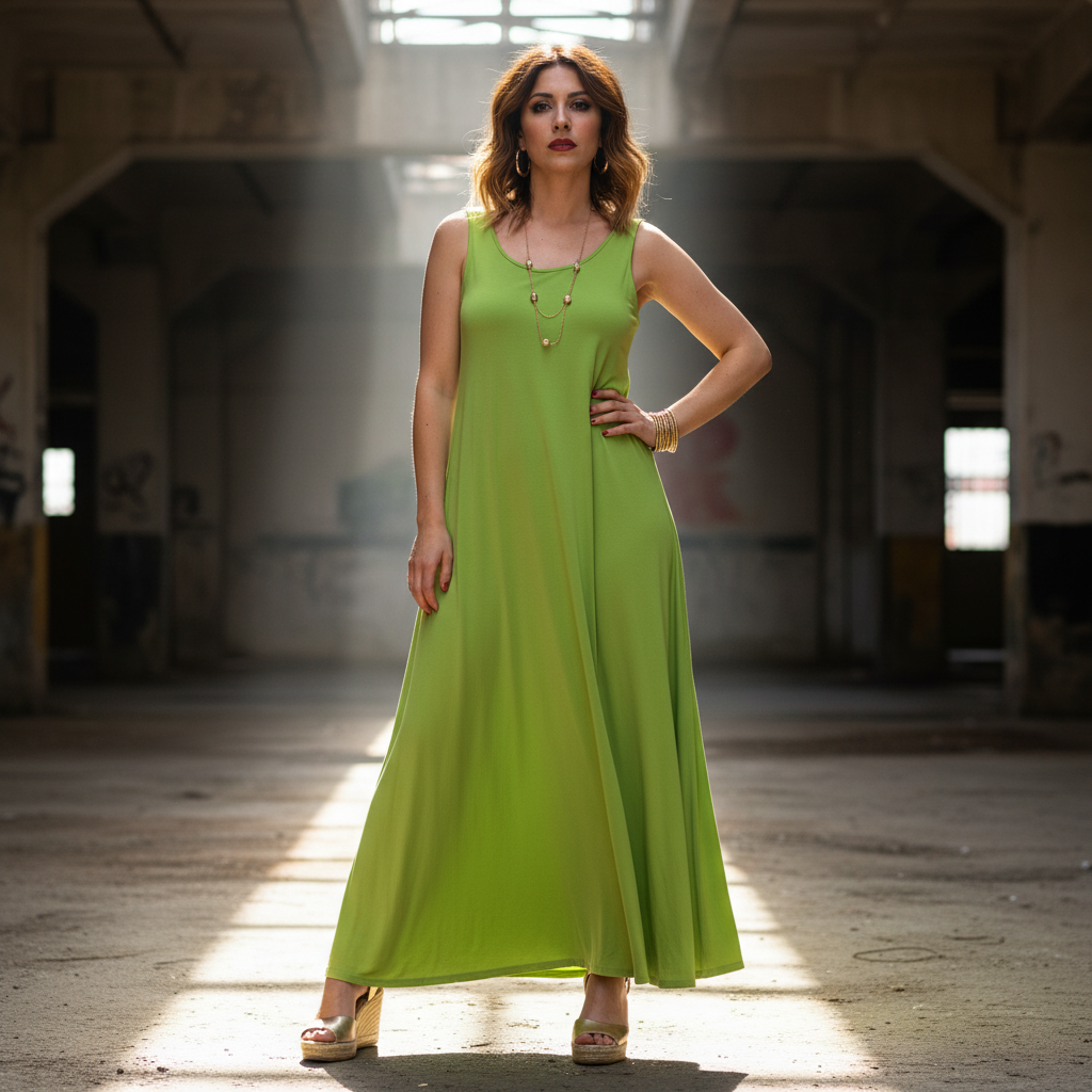 Modelo Ana vestido verde lima exterior urbana