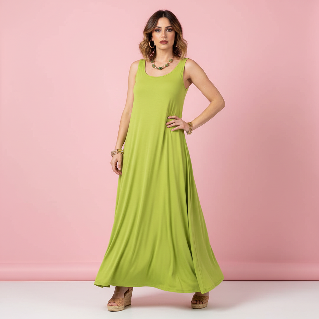 Modelo Ana vestido verde lima fondo rosa