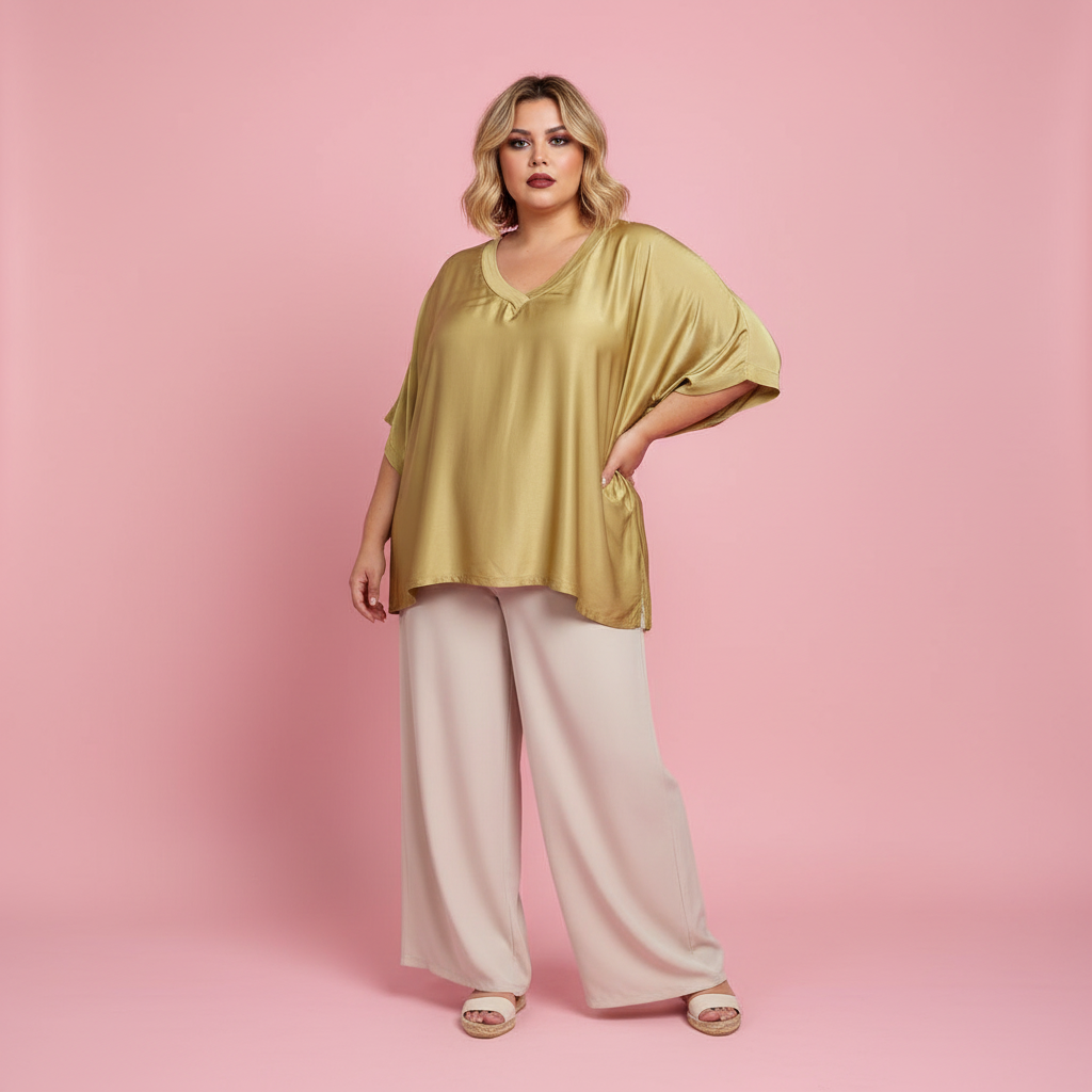Modelo Paqui blusa amarillo dorado verdoso fondo rosa