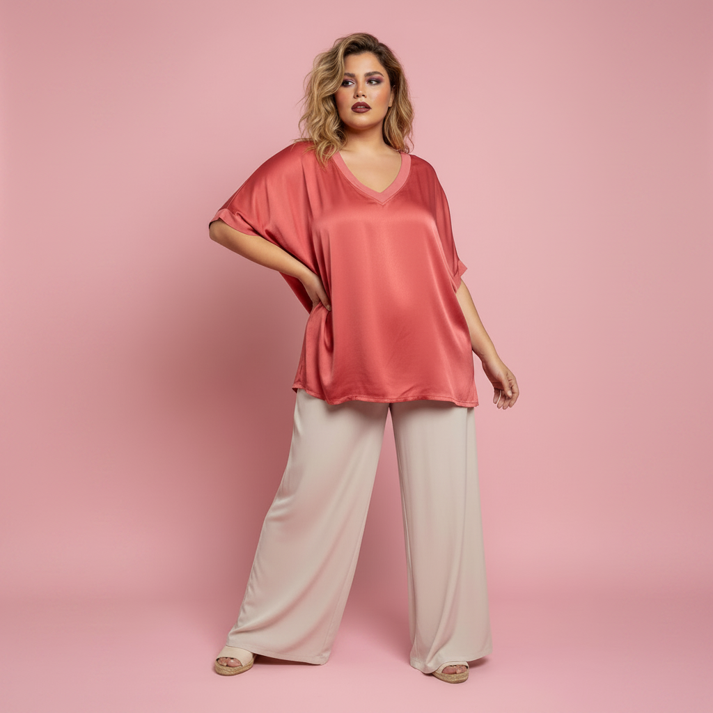Modelo Paqui blusa coral fondo rosa cuadrado