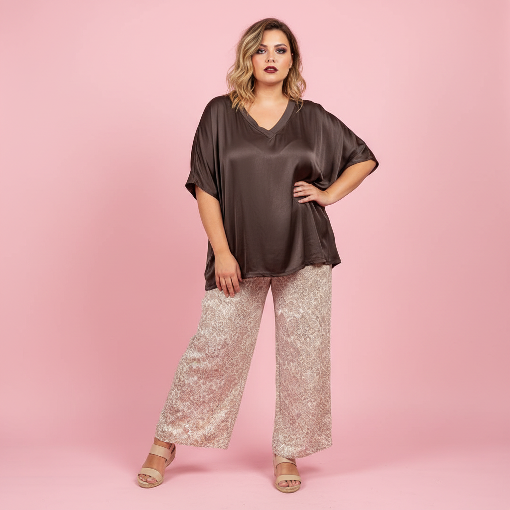 Modelo Paqui blusa marrón chocolate fondo rosa