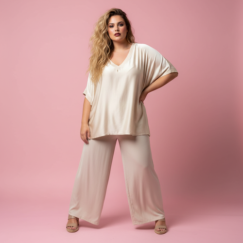Modelo Paqui con blusa satén fondo rosa