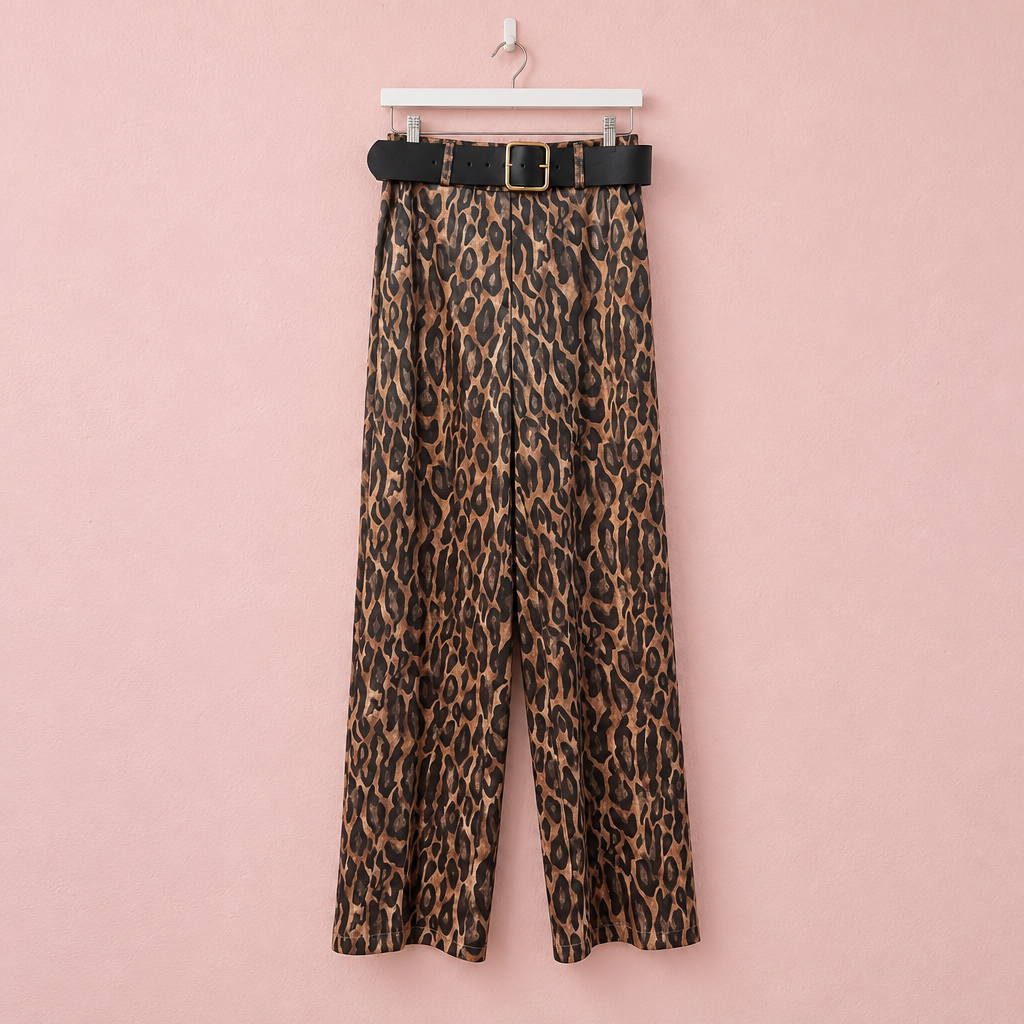 Pantalón de leopardo en percha sobre fondo rosa
