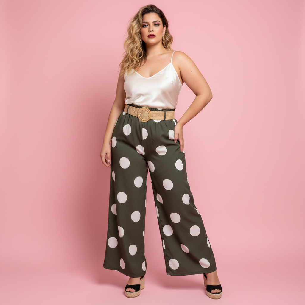 Pantalón Lunares Pop Verde Army - Modelo estudio lencera marfil
