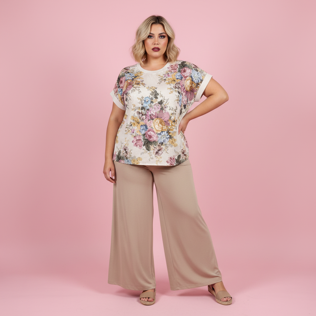 Paqui camiseta floral cruda con pantalón beige y sandalias de verano