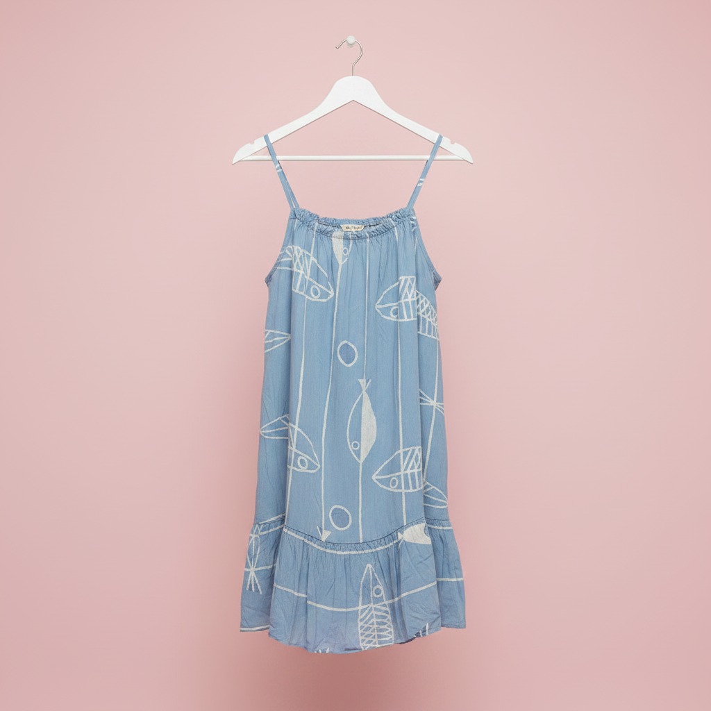Vestido azul denim claro en percha