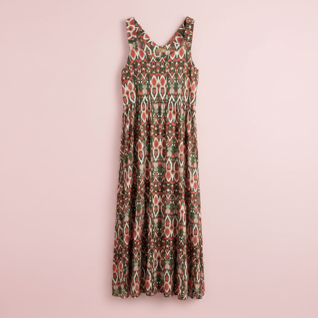 Vestido ikat producto solo fondo rosa