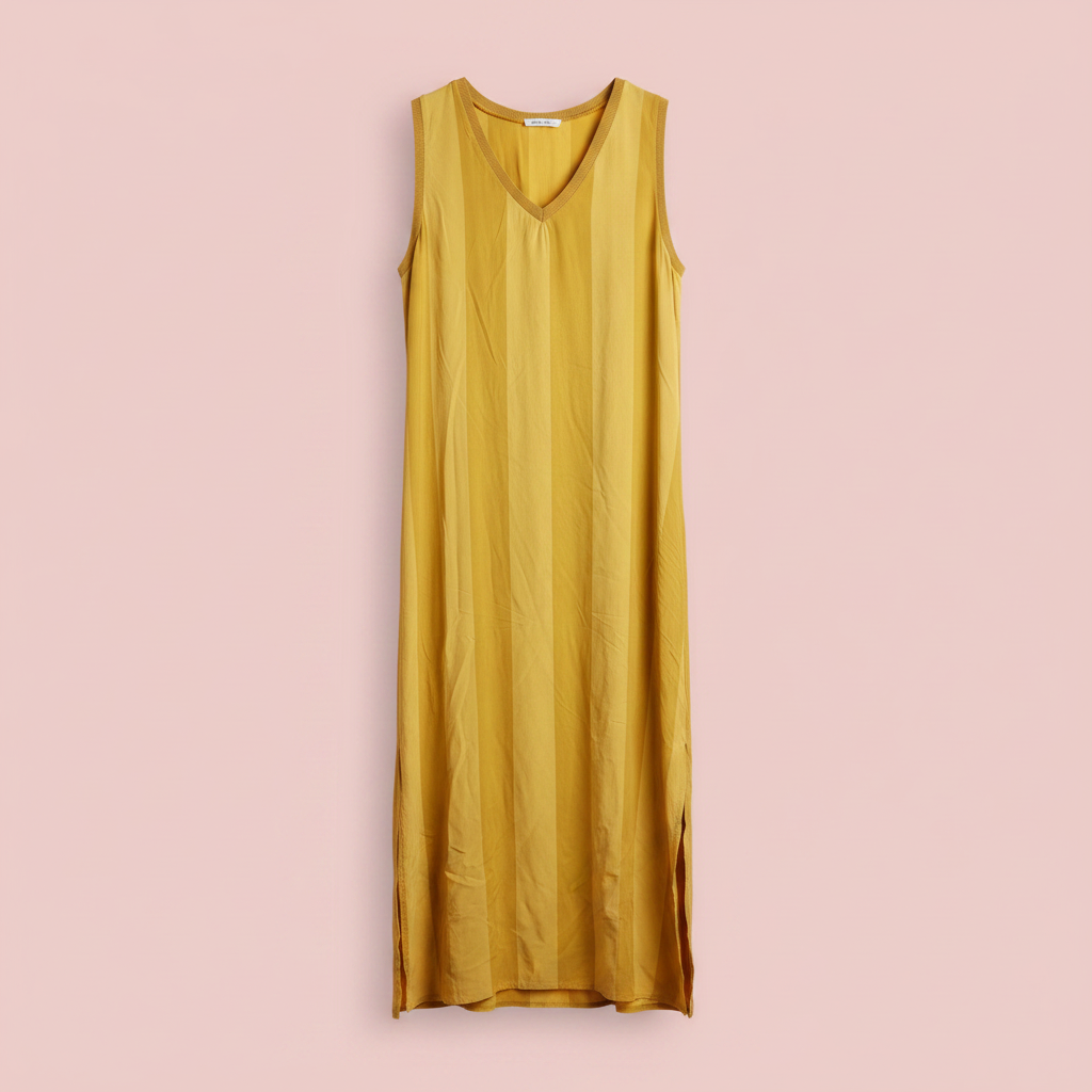 Vestido mostaza producto solo fondo rosa