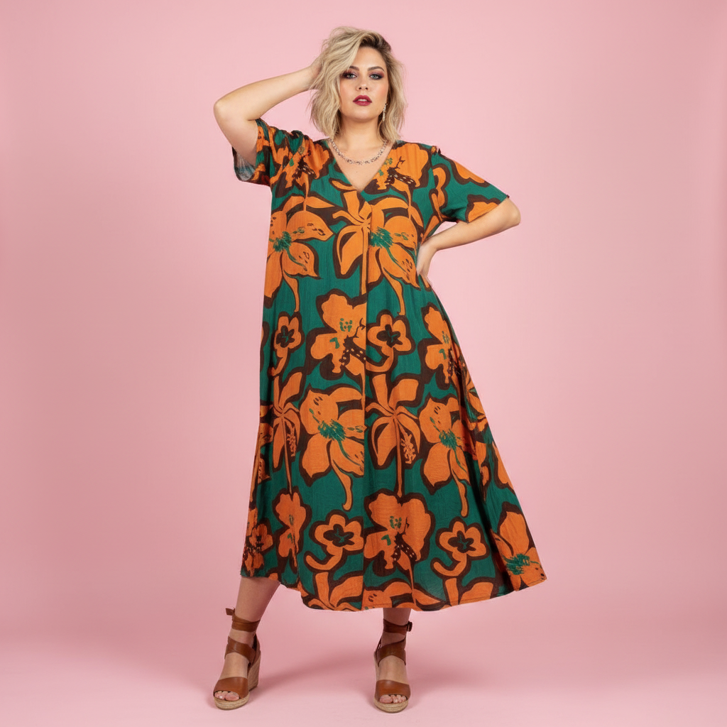 Vestido Trópico - Modelo Paqui fondo rosa