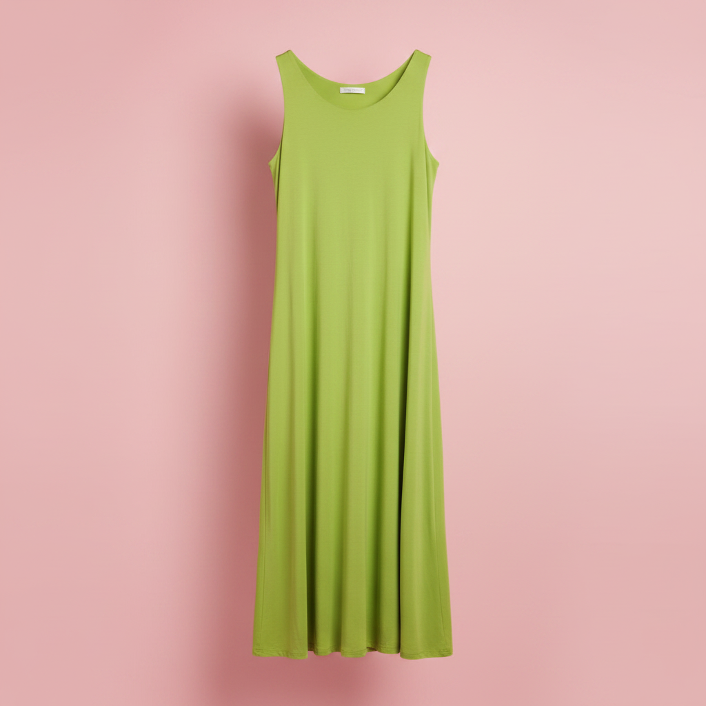 Vestido verde lima producto solo fondo rosa