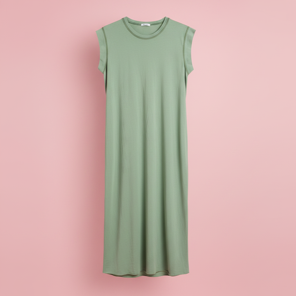 Vestido verde producto solo fondo rosa